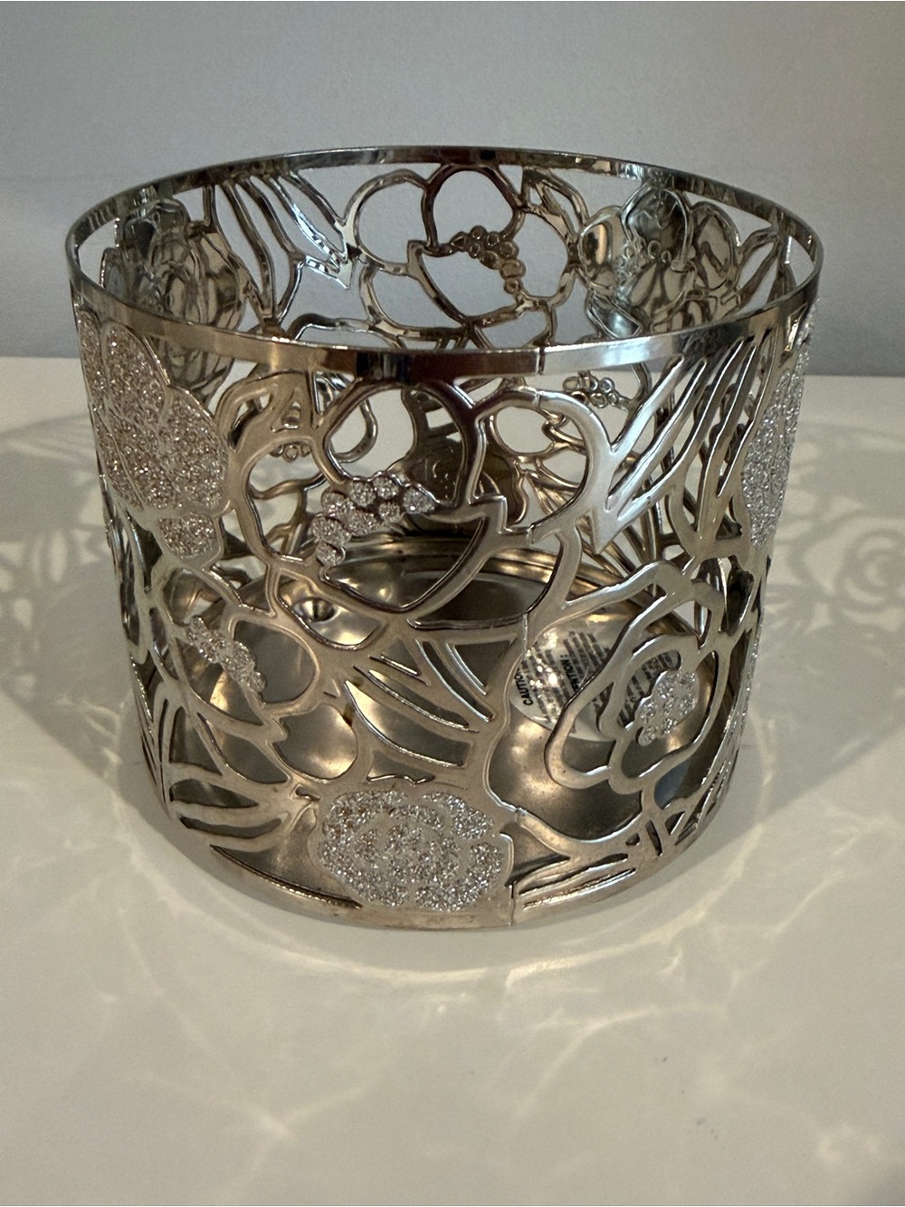 Bath & Body Works Silver Floral Cutout Candle Holder with Glitter Accents
